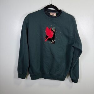Vintage Top Stitch Green Sweatshirt with‎ Red Cardinal Design Sz Medium